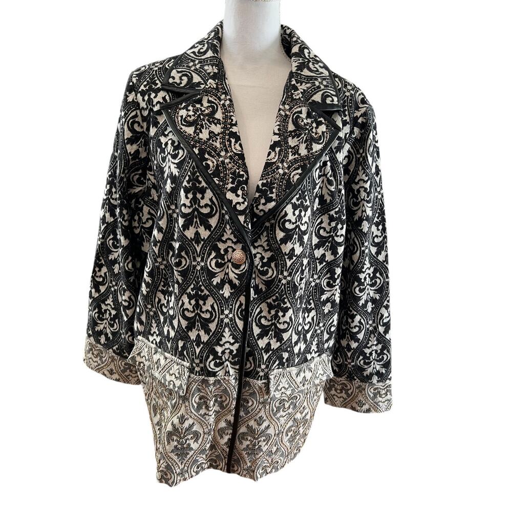 Chicos Artsy Jacket Blazer Black & White Print Faux Leather Trim XXL